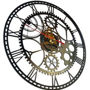Industrial Gear Wall Clock, Large Roman Numeral Design, Vintage Steampunk Style